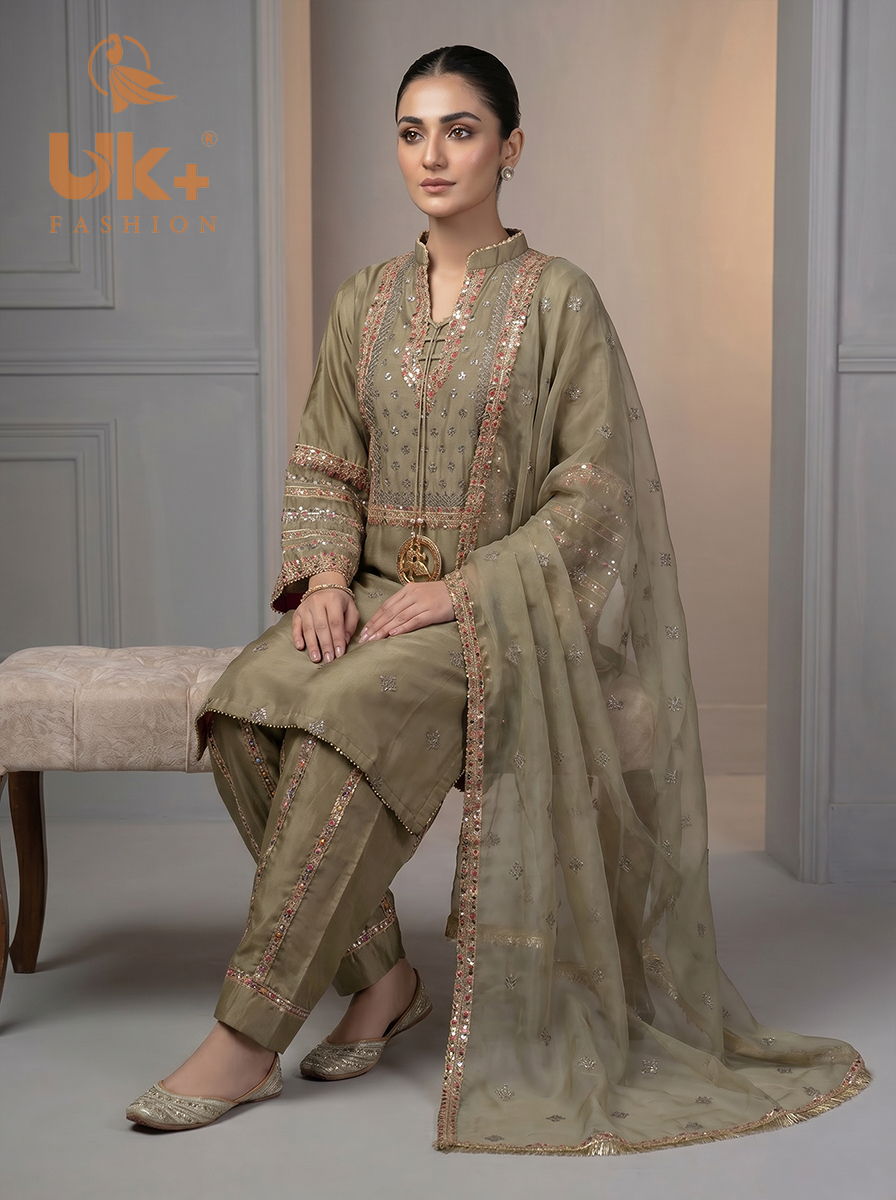 3Pc Embroided kataan Silk Shirt, Plazo, Dupatta