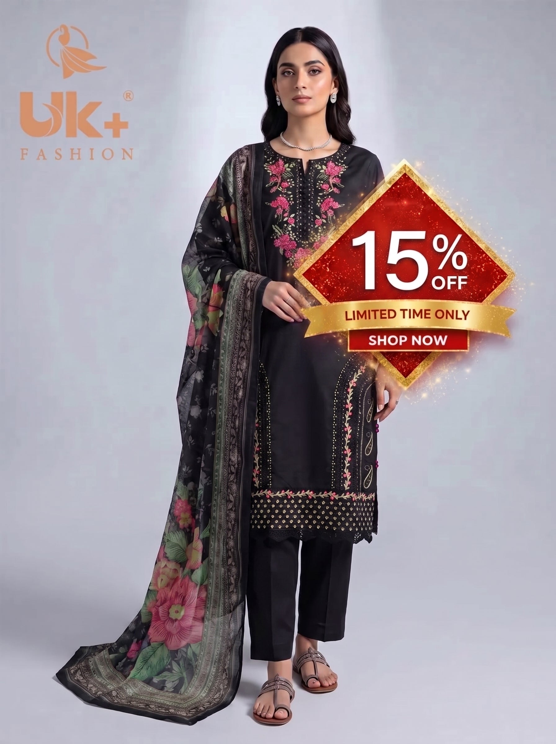 3Pc Embroidered Cotton Shirt, Trouser, Dupatta
