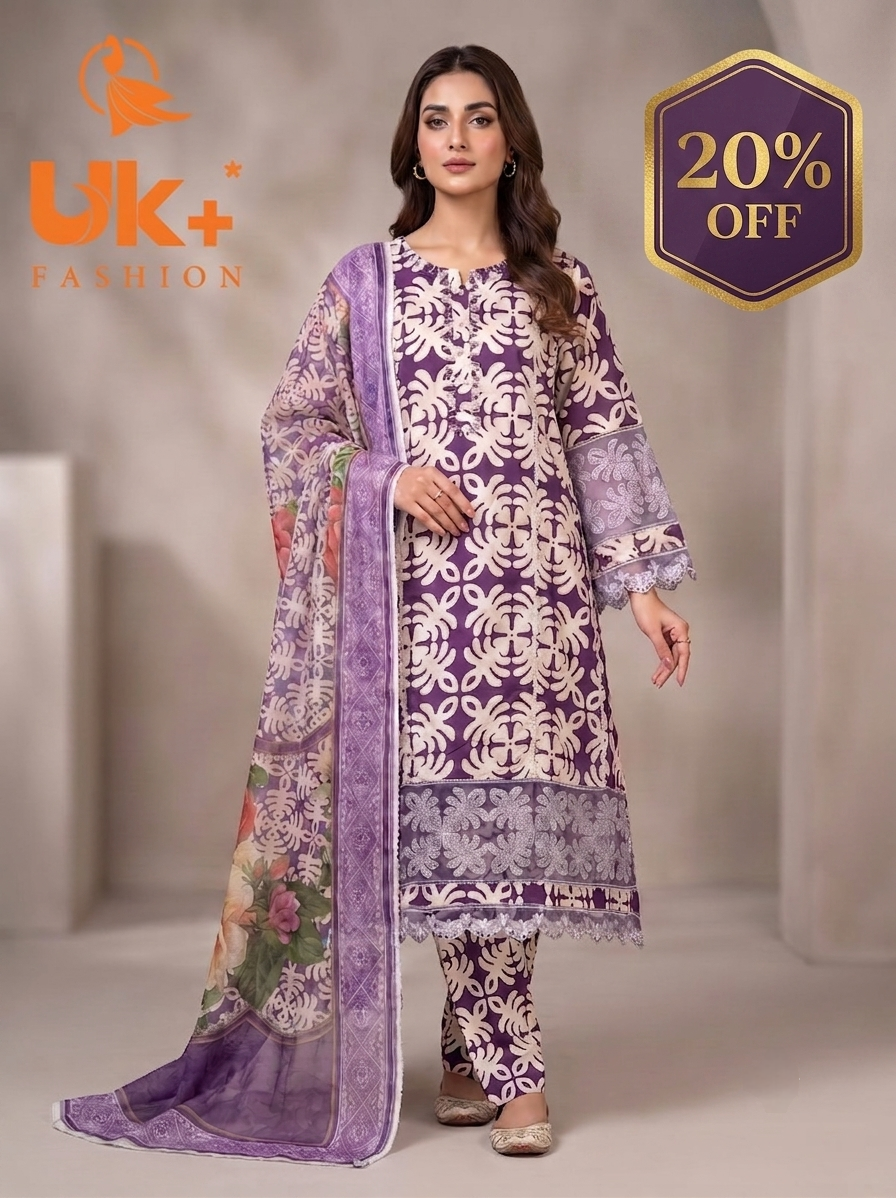 3Pc Embroidered Cotton Frock, Trouser, Dupatta