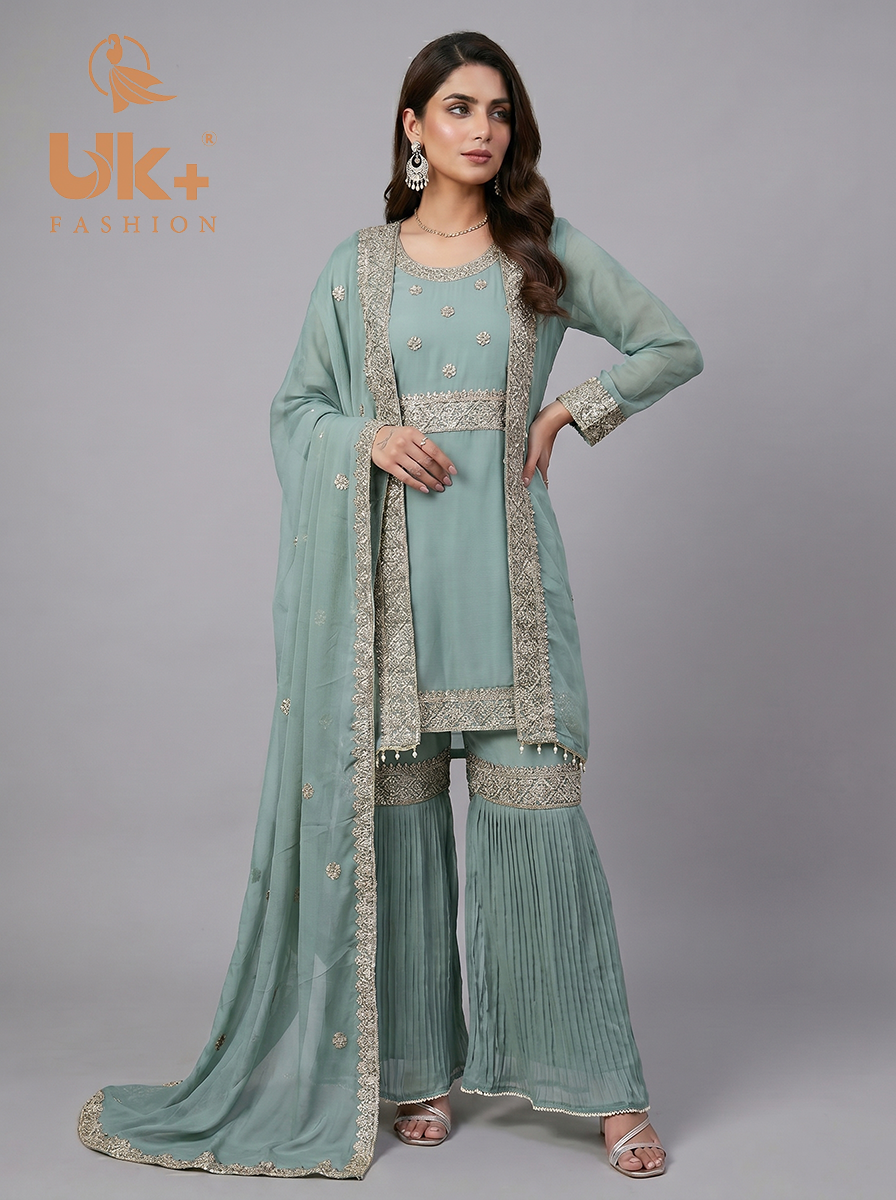 3Pc Embroidered Chiffon double Shirt, Plazo, Dupatta