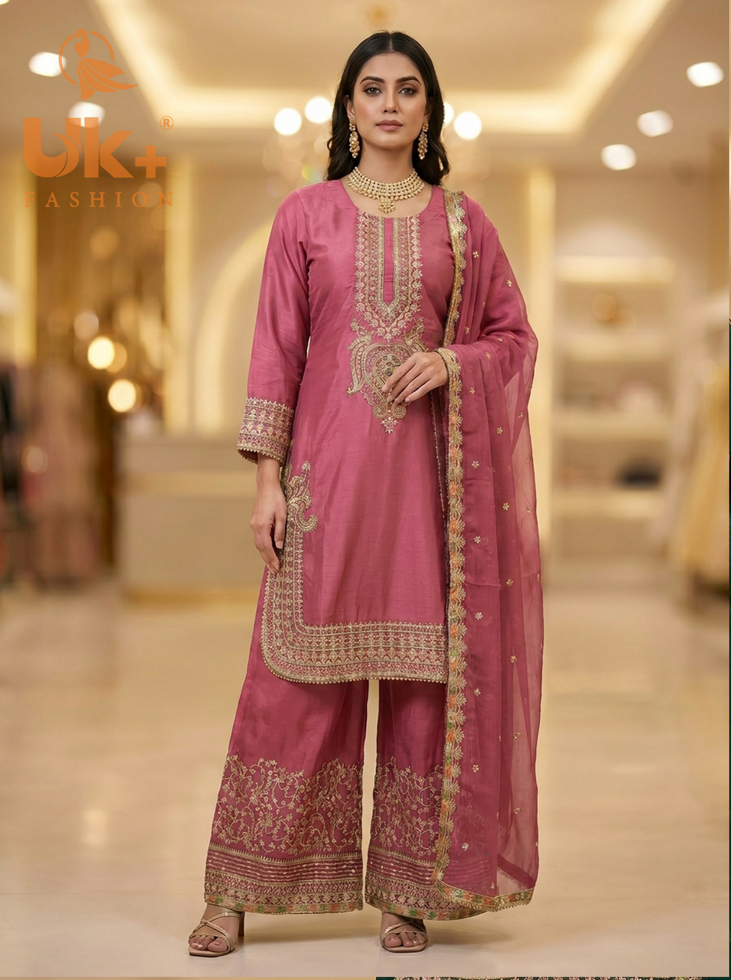3Pc Embroidered Silk shirt, Plazo & Dupatta