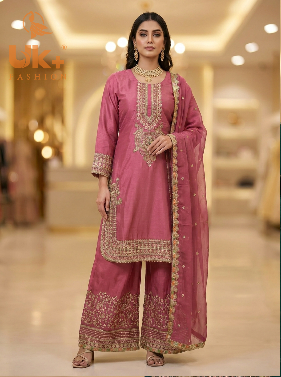 3Pc Embroidered Silk shirt, Plazo & Dupatta