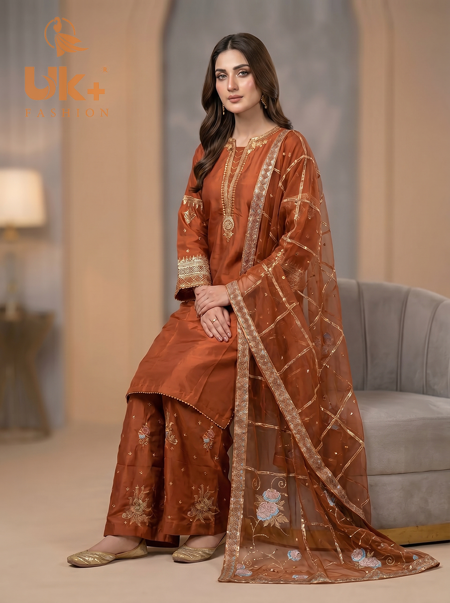3Pc Embroided kataan Silk Shirt, Plazo, Dupatta