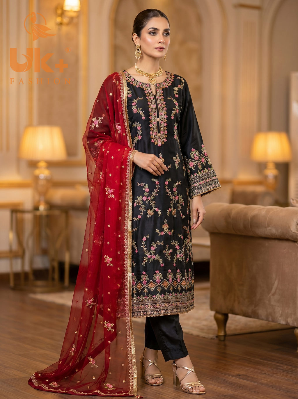 3Pc Embroidered Silk shirt, shalwar & Dupatta