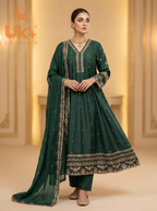 3Pc Embroidered Silk Frock, Shirt, Dupatta