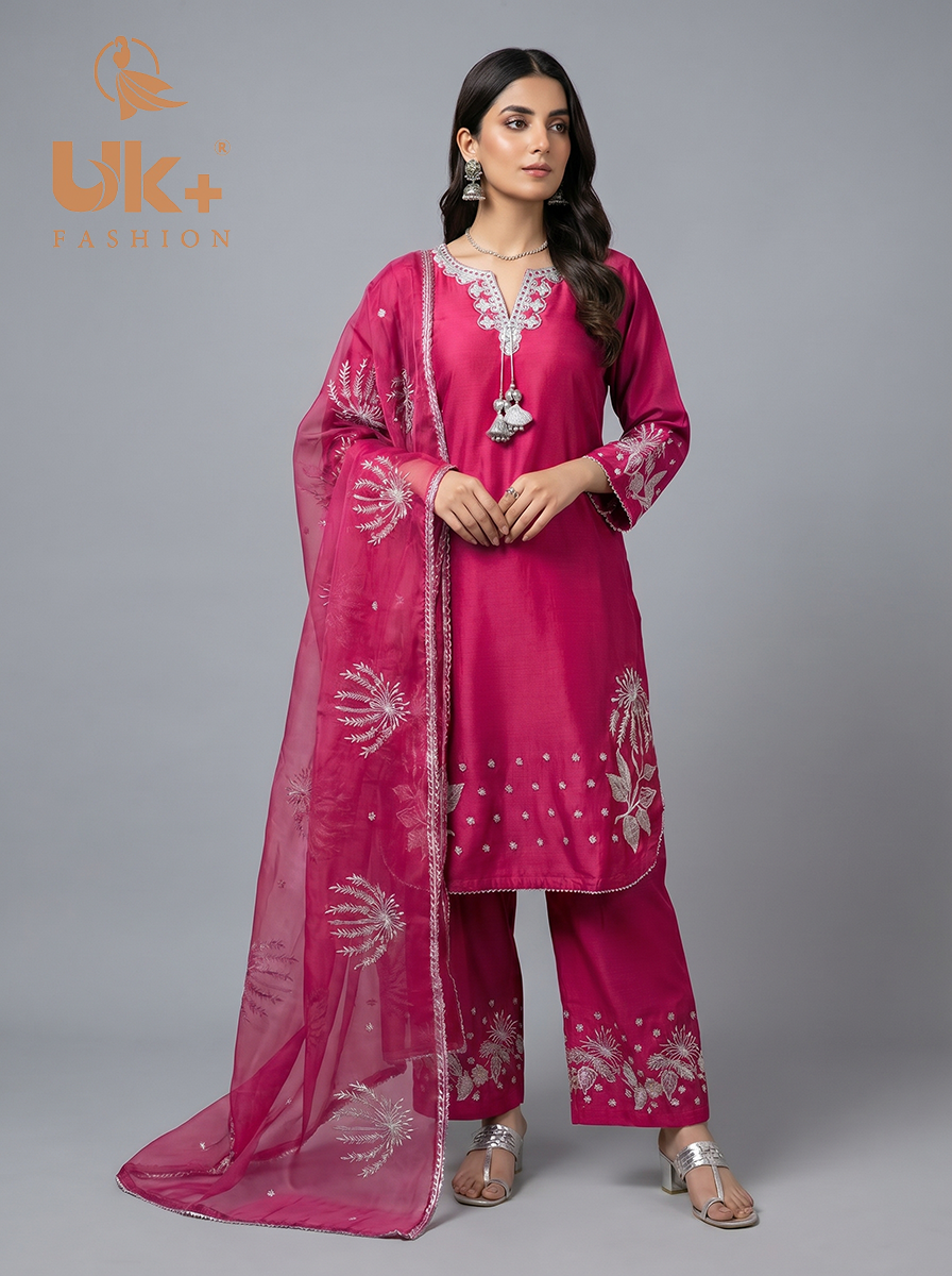 3Pc Embroidered Kataan Silk, Shirt, plazo & Dupatta