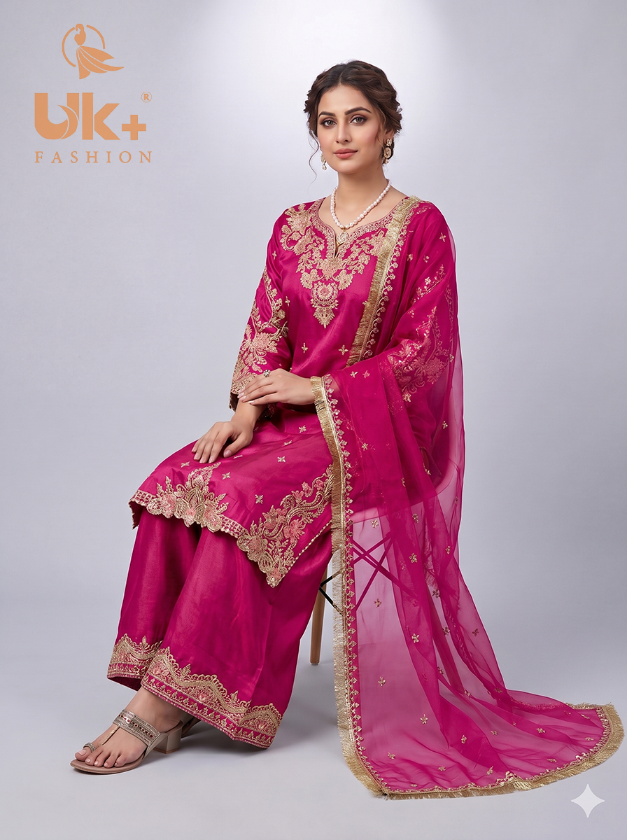 3Pc Embroided kataan Silk Shirt, Plazo, Dupatta