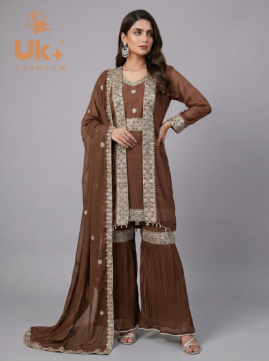 3Pc Embroidered Chiffon double Shirt, Plazo, Dupatta