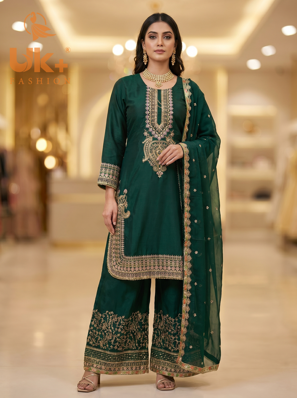3Pc Embroidered Silk shirt, Plazo & Dupatta