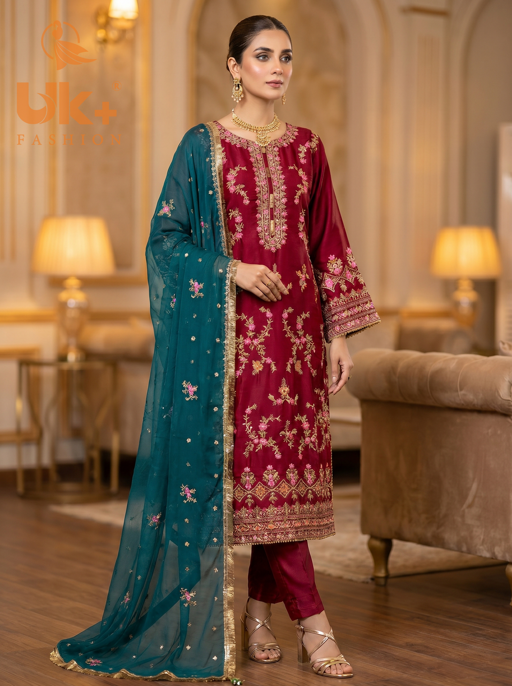 3Pc Embroidered Silk shirt, shalwar & Dupatta