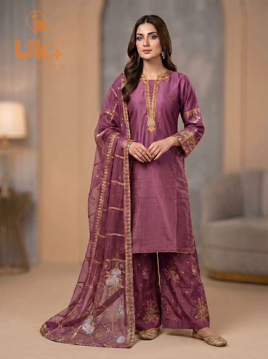 3Pc Embroided kataan Silk Shirt, Plazo, Dupatta