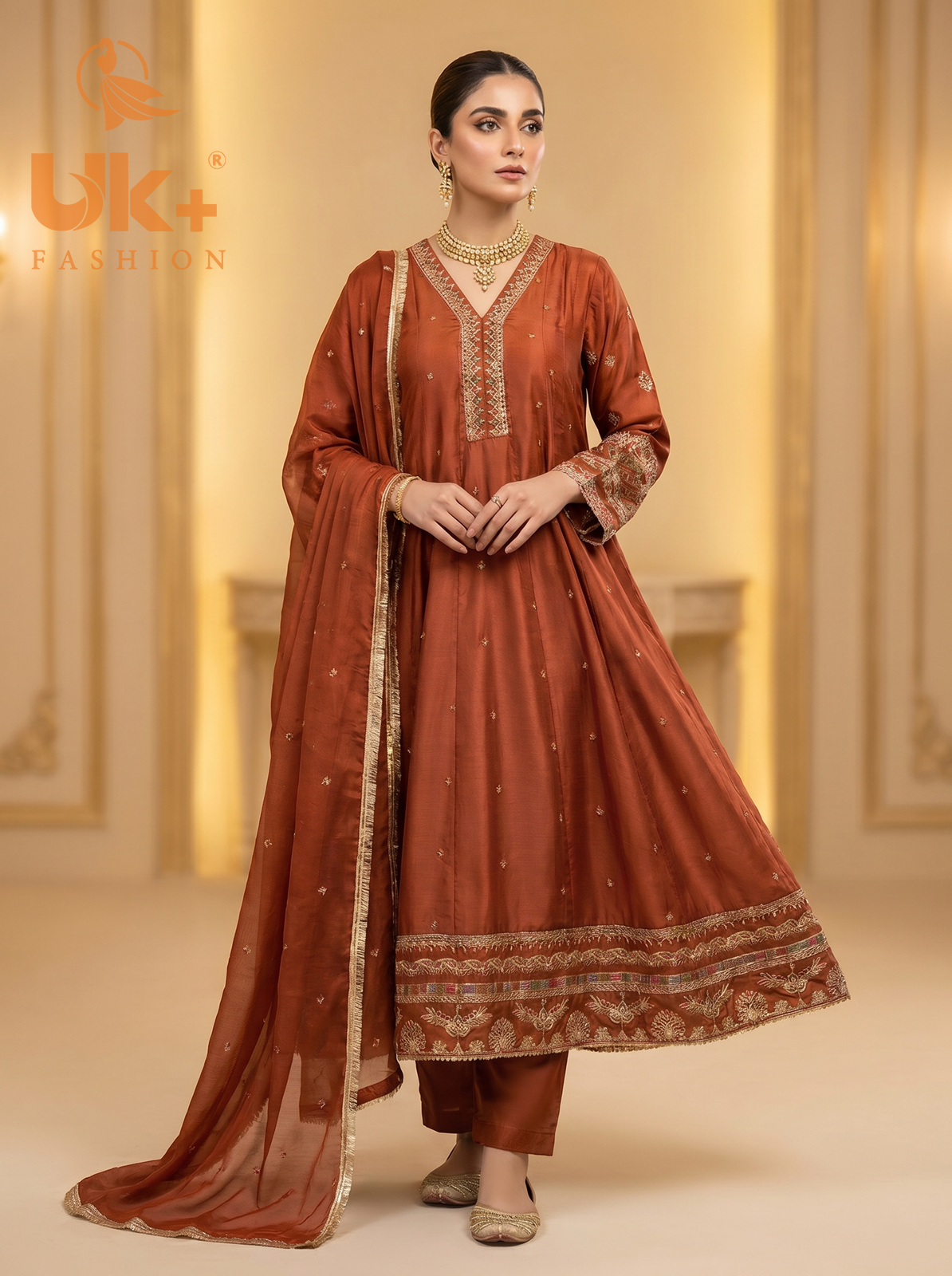3Pc Embroidered Silk Frock, Shirt, Dupatta