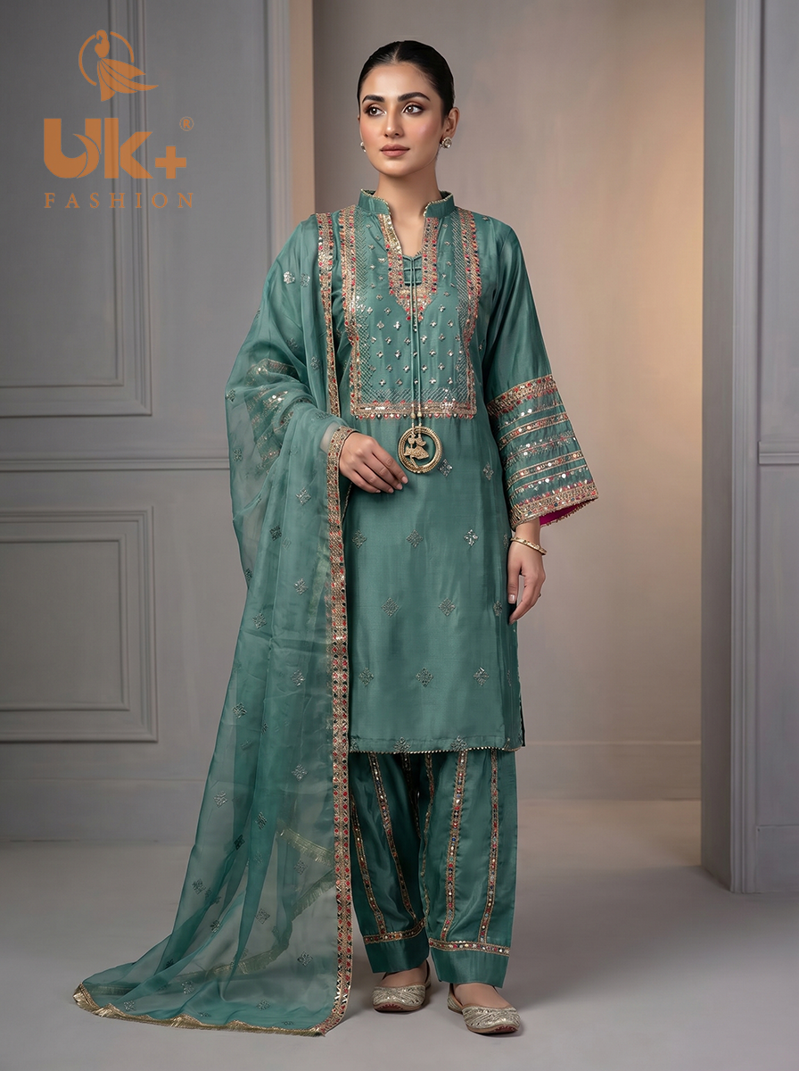 3Pc Embroided kataan Silk Shirt, Plazo, Dupatta