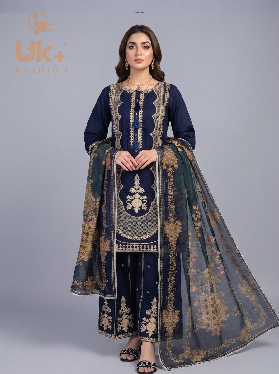 3Pc Embroidered Cotton Shirt, Plazo, Dupatta