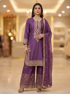 3Pc Embroidered Silk shirt, Plazo & Dupatta