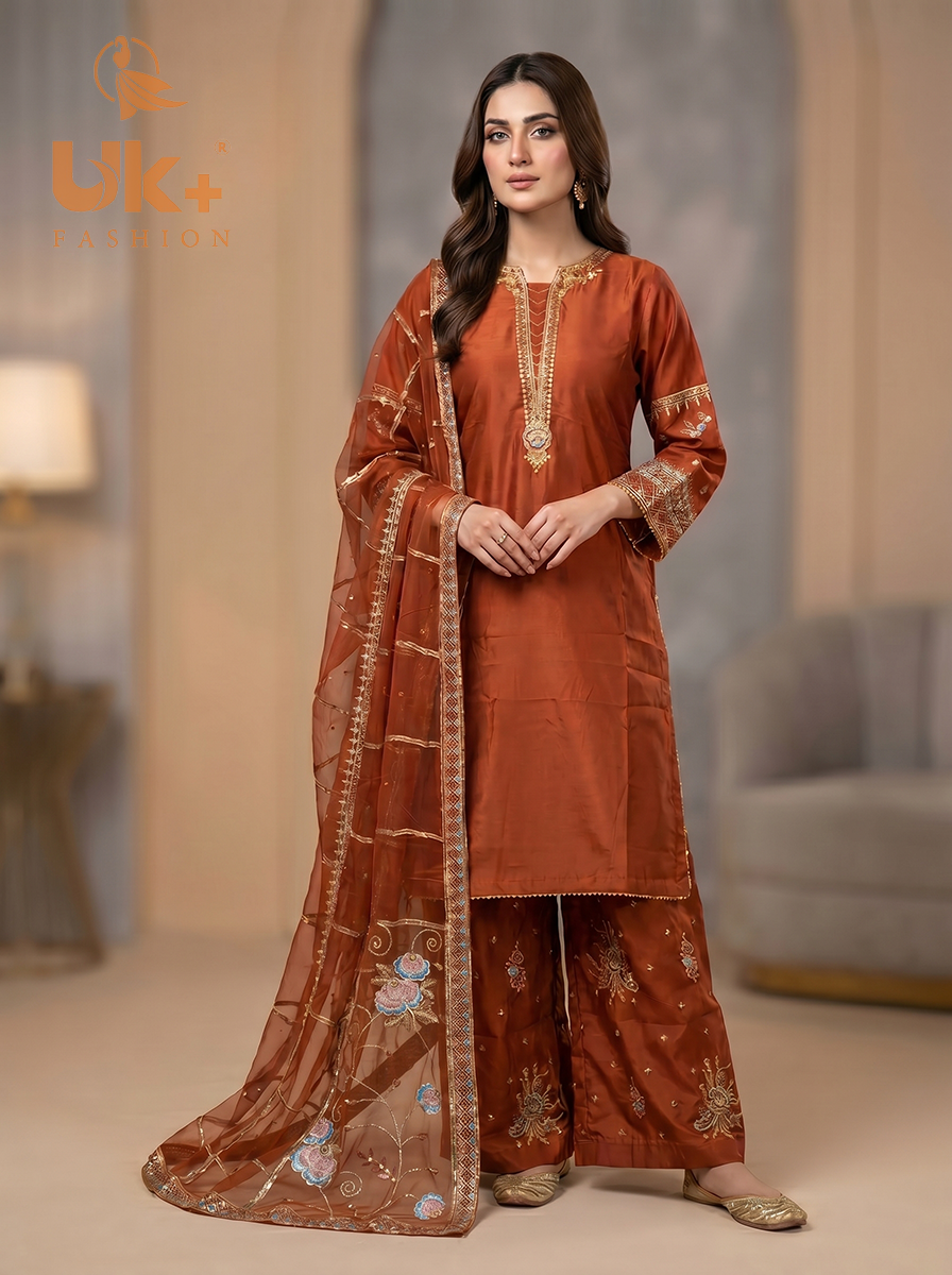 3Pc Embroided kataan Silk Shirt, Plazo, Dupatta