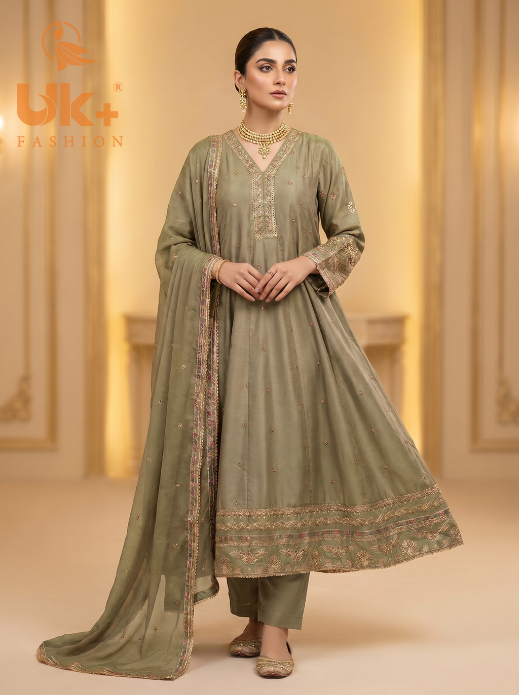 3Pc Embroidered Silk Frock, Shirt, Dupatta
