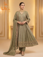 3Pc Embroidered Silk Frock, Shirt, Dupatta
