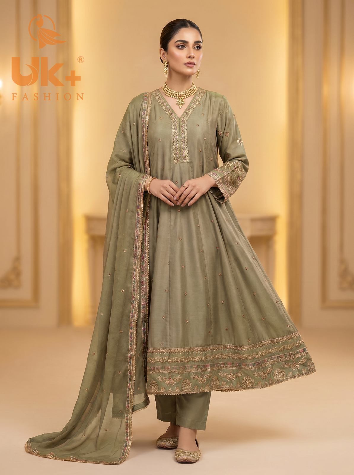 3Pc Embroidered Silk Frock, Shirt, Dupatta