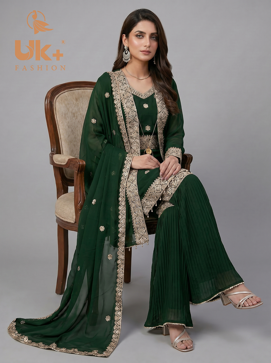 3Pc Embroidered Chiffon double Shirt, Plazo, Dupatta