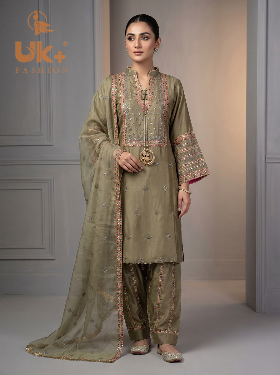3Pc Embroided kataan Silk Shirt, Plazo, Dupatta