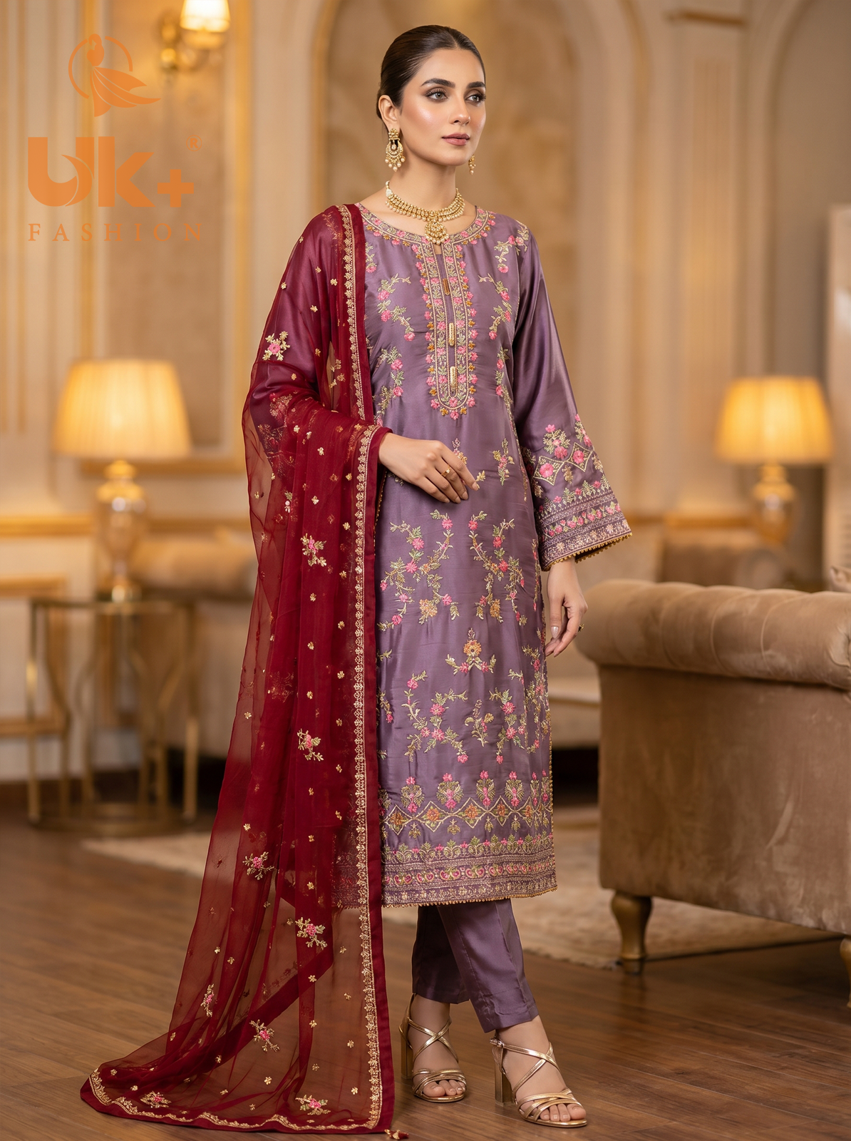 3Pc Embroidered Silk shirt, shalwar & Dupatta