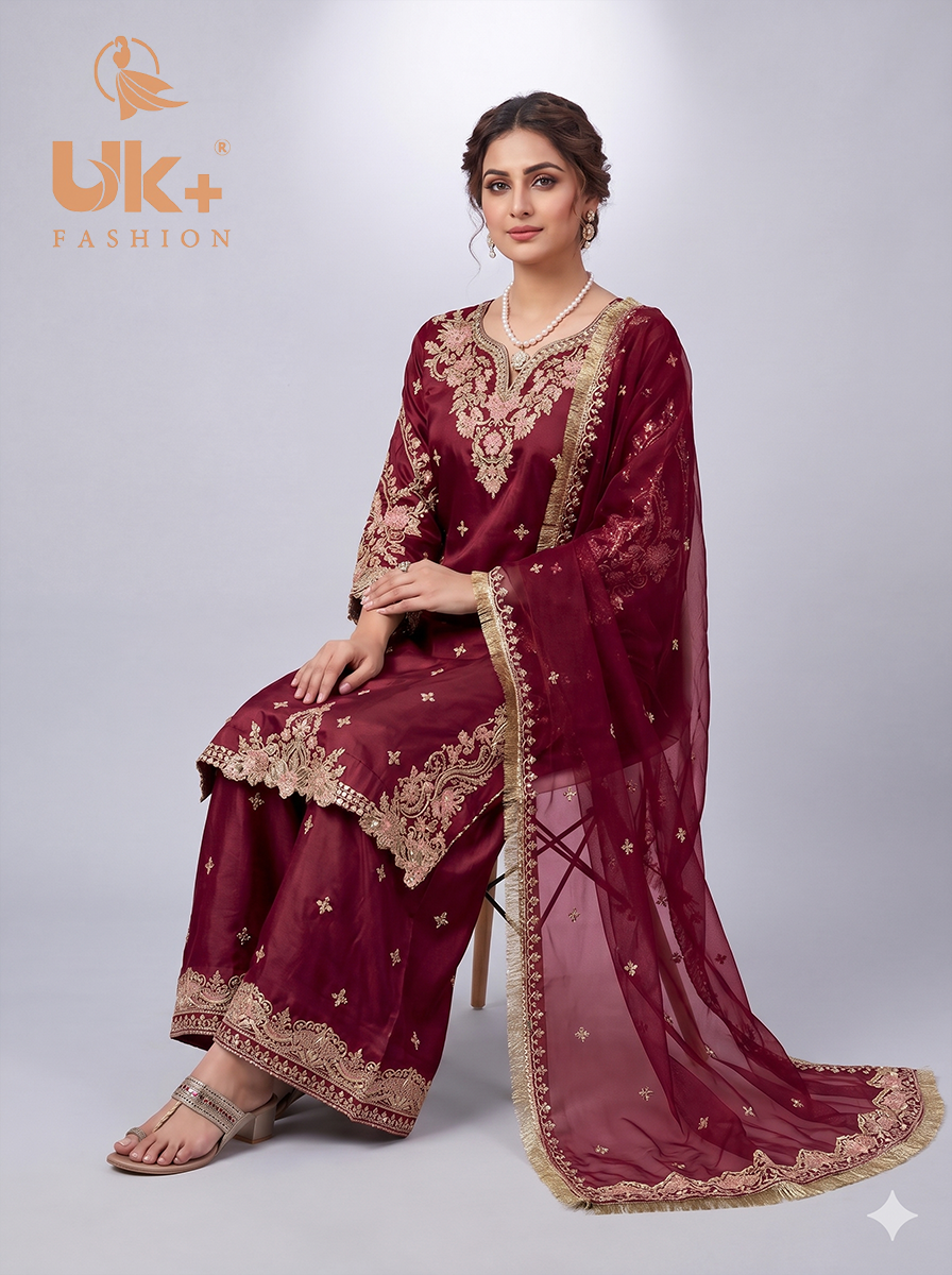 3Pc Embroided kataan Silk Shirt, Plazo, Dupatta