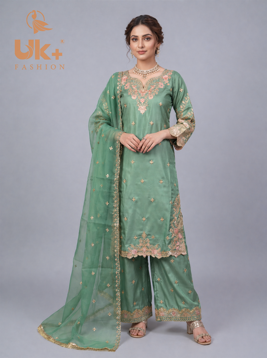 3Pc Embroided kataan Silk Shirt, Plazo, Dupatta
