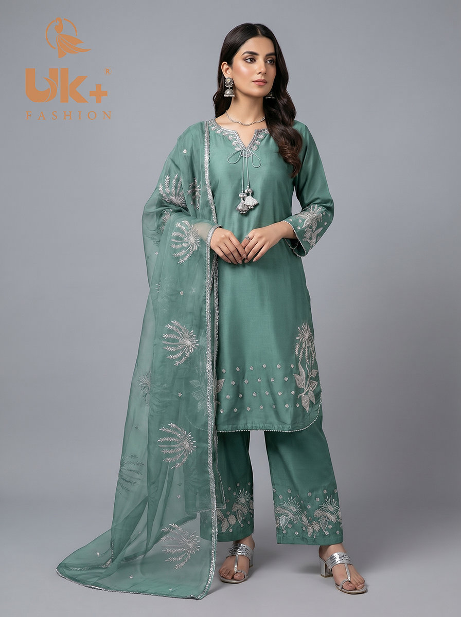 3Pc Embroidered Kataan Silk, Shirt, plazo & Dupatta