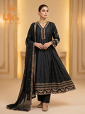3Pc Embroidered Silk Frock, Shirt, Dupatta