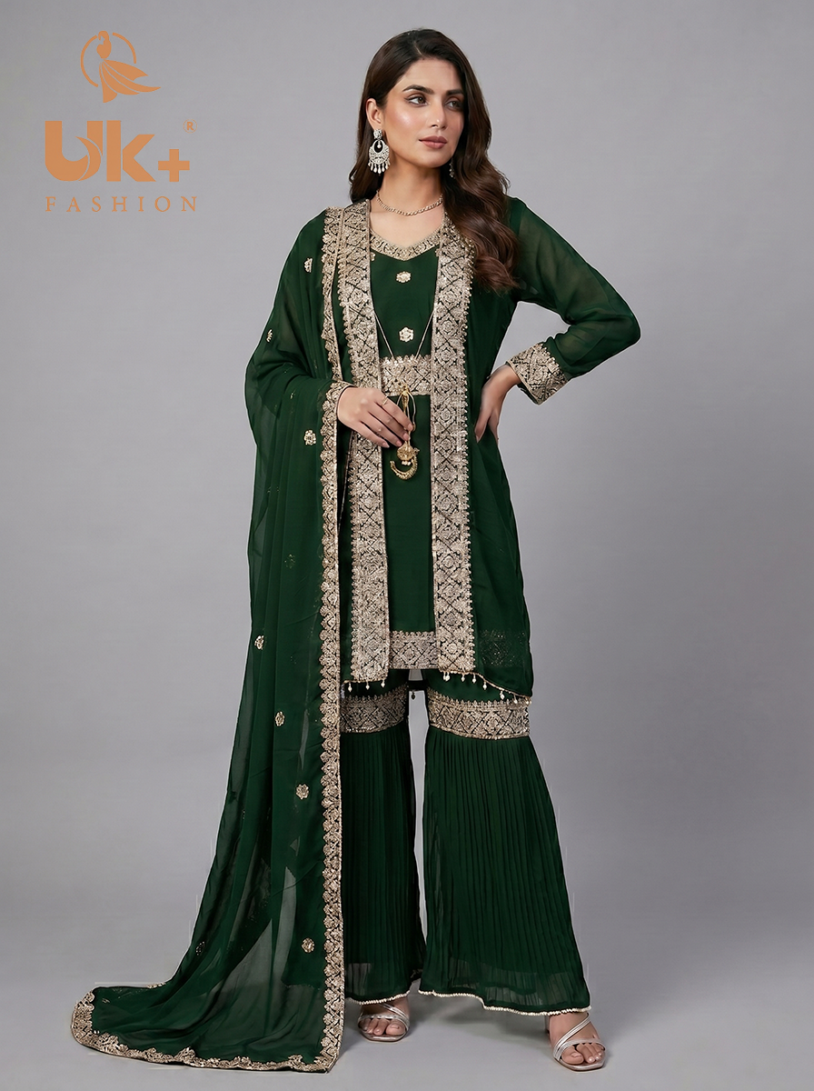 3Pc Embroidered Chiffon double Shirt, Plazo, Dupatta