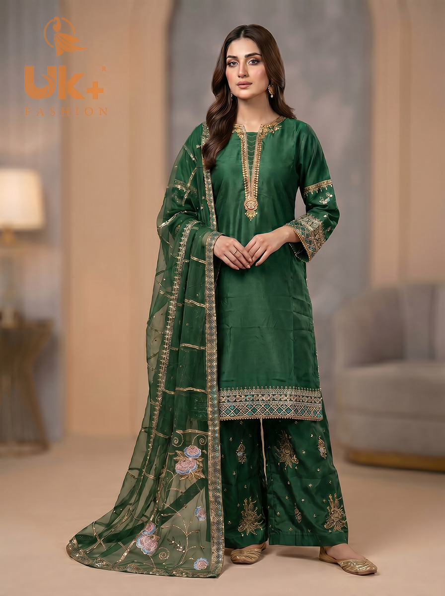 3Pc Embroided kataan Silk Shirt, Plazo, Dupatta