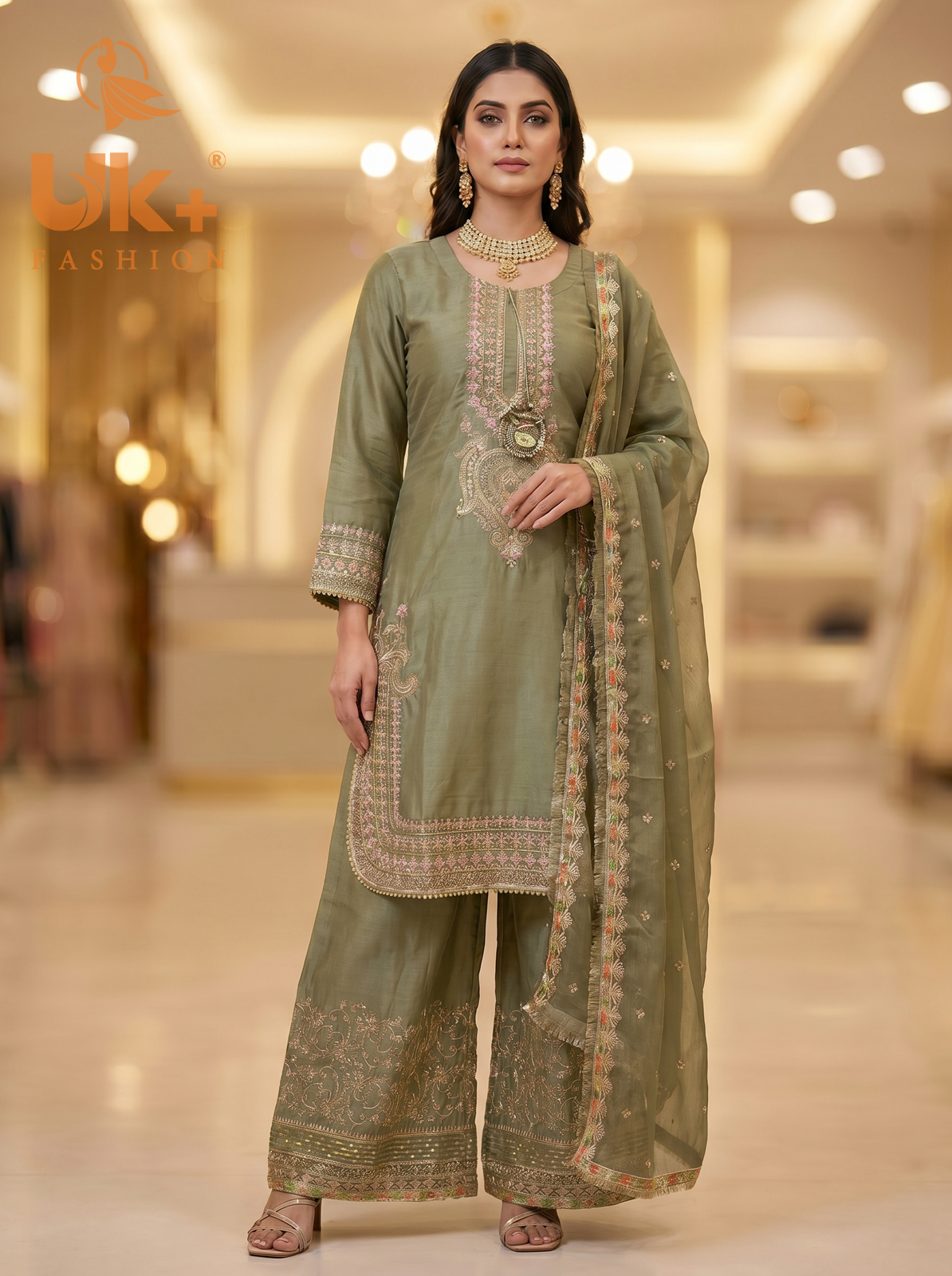 3Pc Embroidered Silk shirt, Plazo & Dupatta