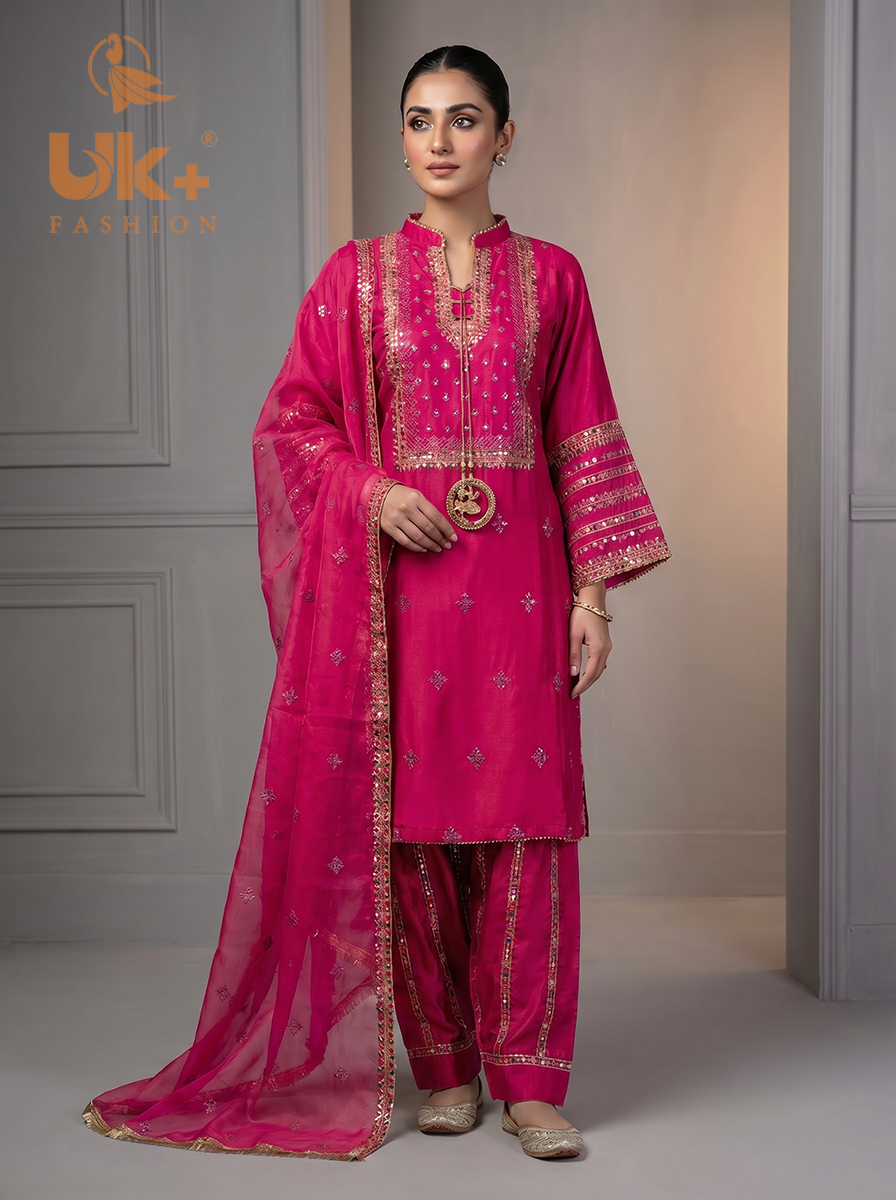 3Pc Embroided kataan Silk Shirt, Plazo, Dupatta