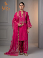 3Pc Embroided kataan Silk Shirt, Plazo, Dupatta