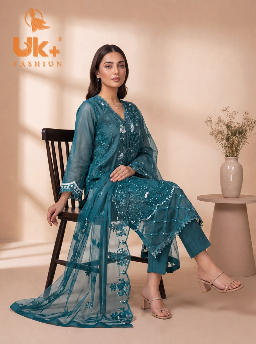 3Pc Embroidered Organza shirt, shalwar & Dupatta