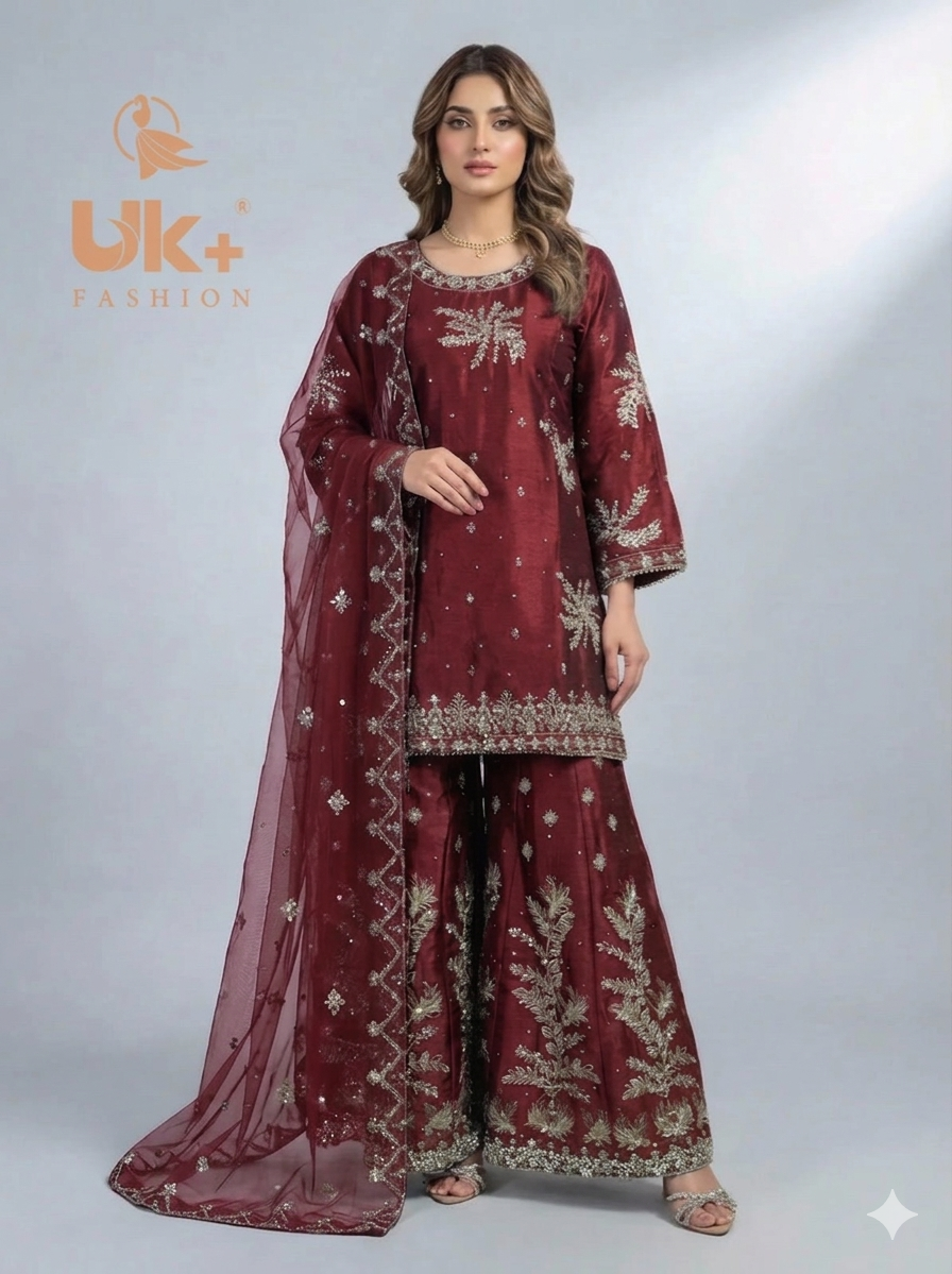 3Pc Embroided Sheesha Silk Shirt, Plazo, Dupatta