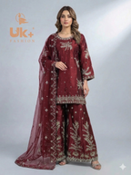 3Pc Embroided Sheesha Silk Shirt, Plazo, Dupatta