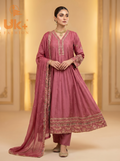 3Pc Embroidered Silk Frock, Shirt, Dupatta