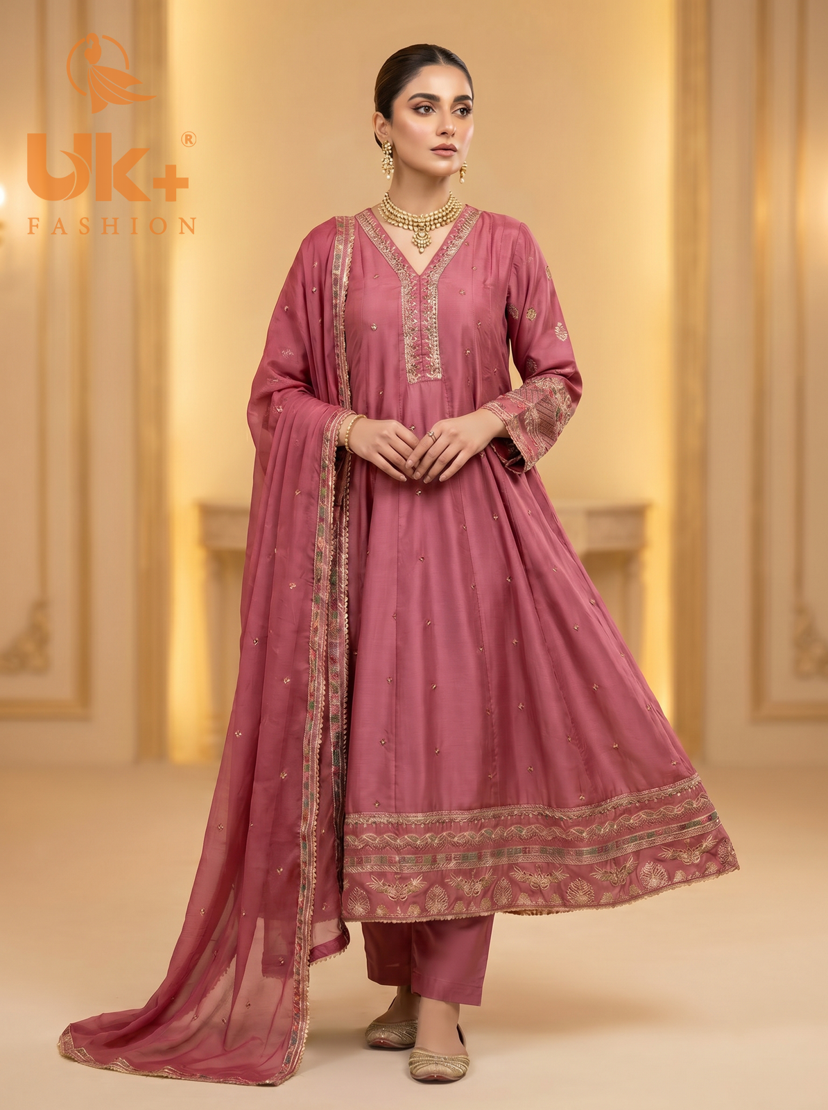 3Pc Embroidered Silk Frock, Shirt, Dupatta