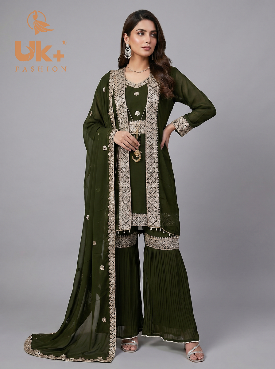 3Pc Embroidered Chiffon double Shirt, Plazo, Dupatta