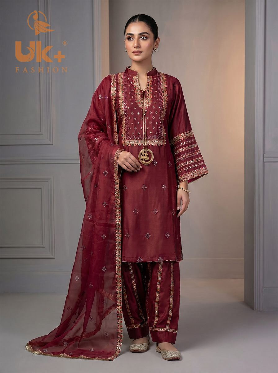3Pc Embroided kataan Silk Shirt, Plazo, Dupatta