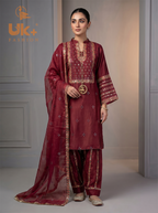3Pc Embroided kataan Silk Shirt, Plazo, Dupatta