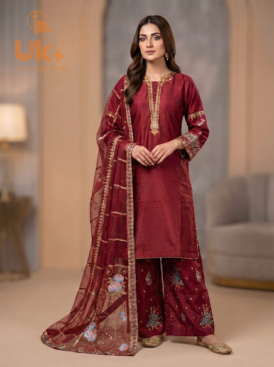 3Pc Embroided kataan Silk Shirt, Plazo, Dupatta