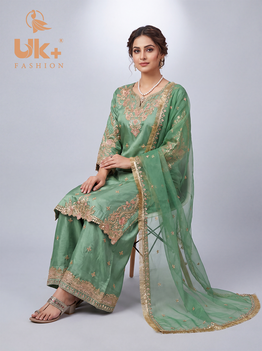 3Pc Embroided kataan Silk Shirt, Plazo, Dupatta