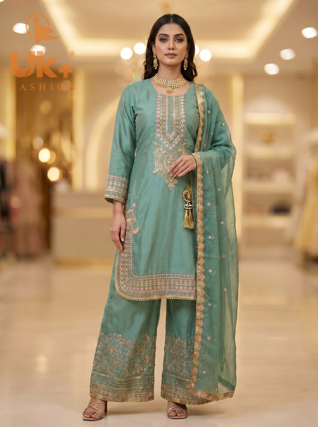 3Pc Embroidered Silk shirt, Plazo & Dupatta