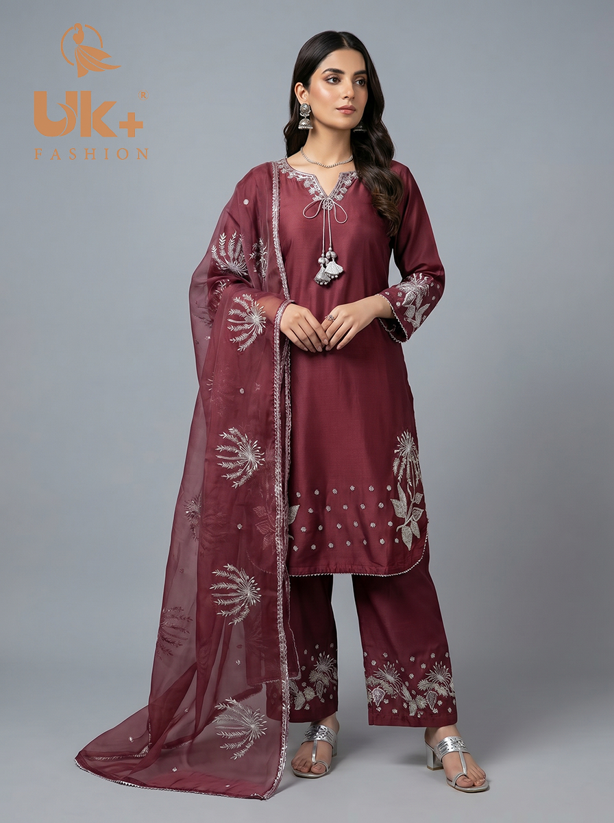 3Pc Embroidered Kataan Silk, Shirt, plazo & Dupatta