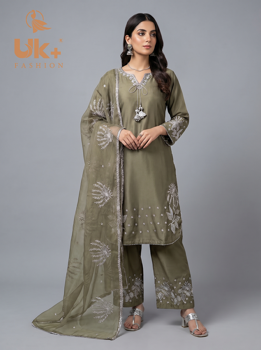 3Pc Embroidered Kataan Silk, Shirt, plazo & Dupatta