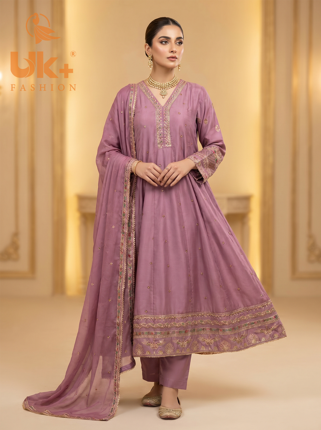 3Pc Embroidered Silk Frock, Shirt, Dupatta