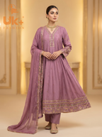 3Pc Embroidered Silk Frock, Shirt, Dupatta